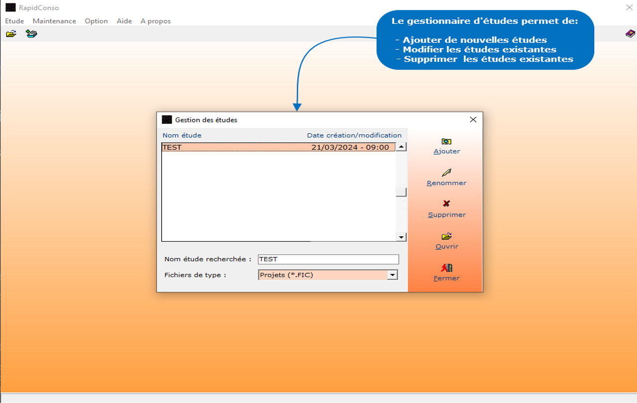 Calculs des besoins en énergie - Le gestionnaire d'études